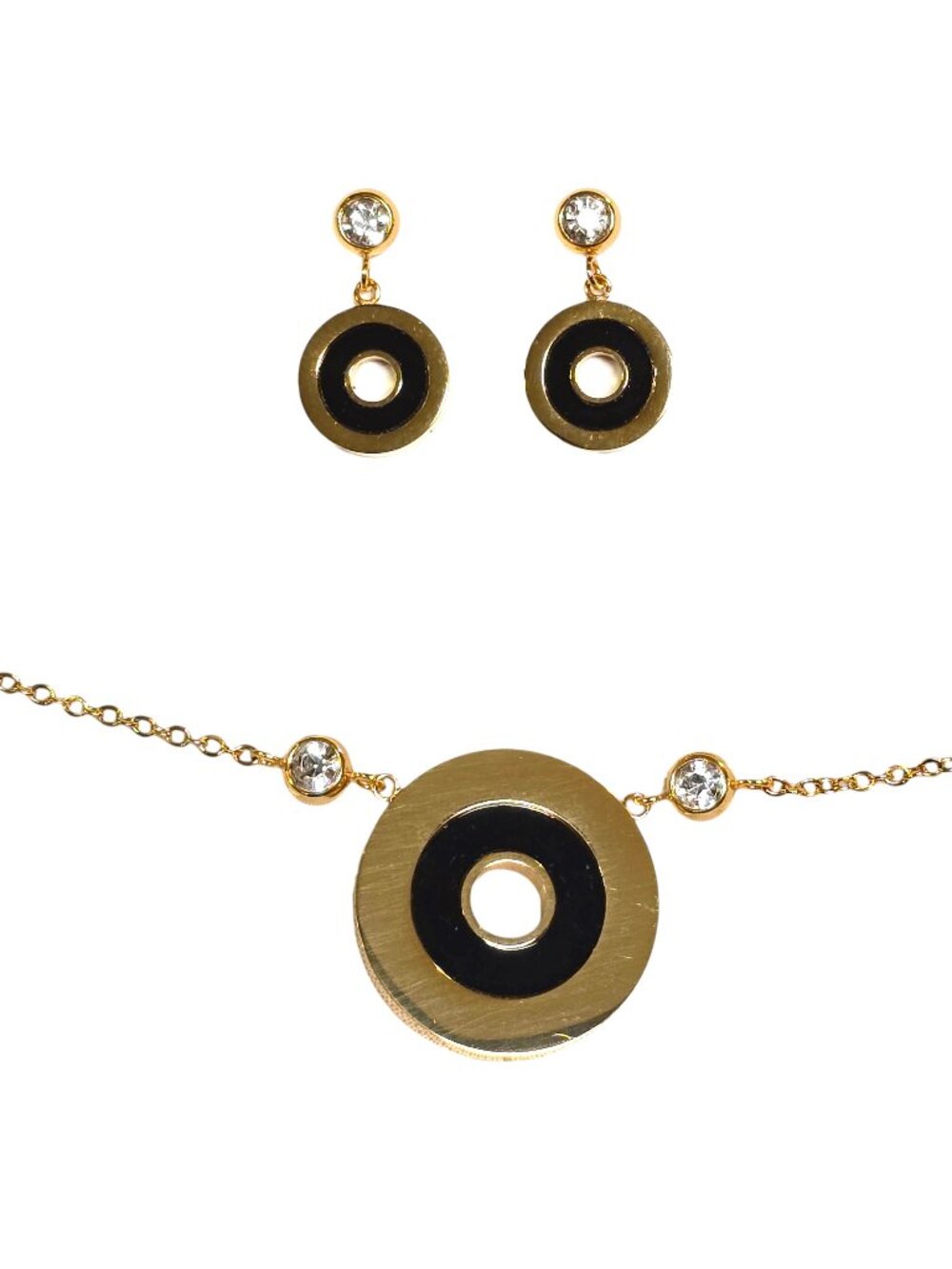 Sparklyus Women's Trendy Gold Plated Black Enamel Crystal Necklace & Earring Set